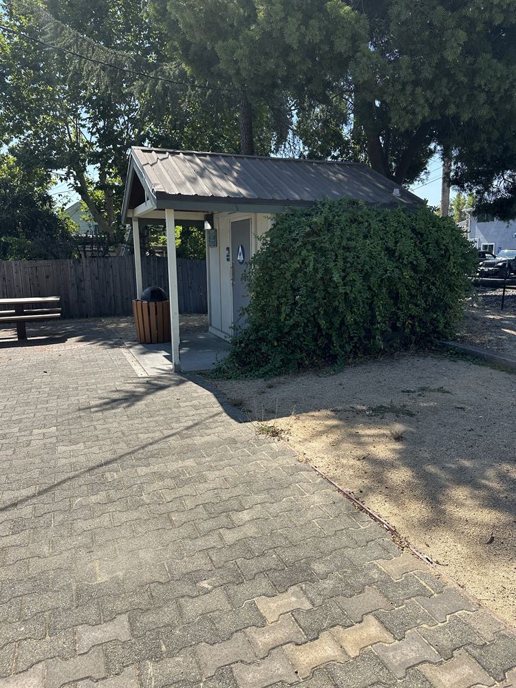 The park's small accessible bathroom building, its side wrapped in a large green honeysuckle vine.