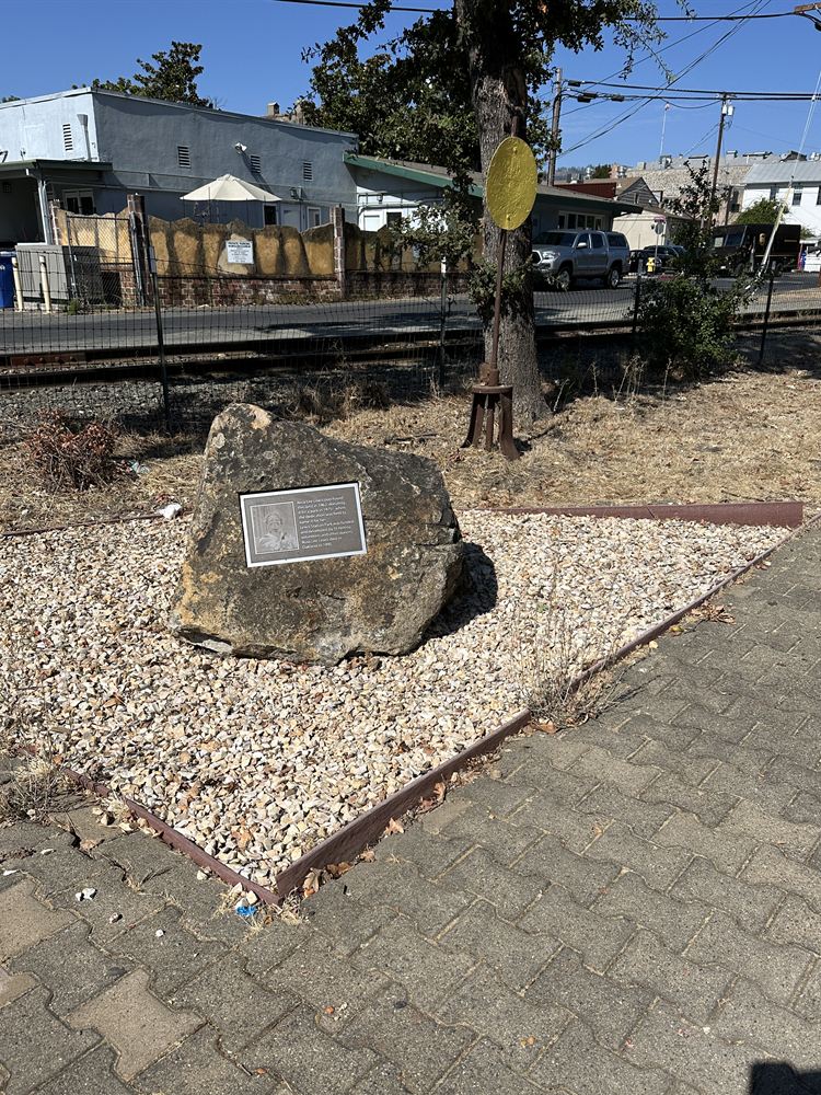 A bronze plaque honoring Rosa Lee Lewis, mounted on a natural boulder in a gravel bed beside the rail line.